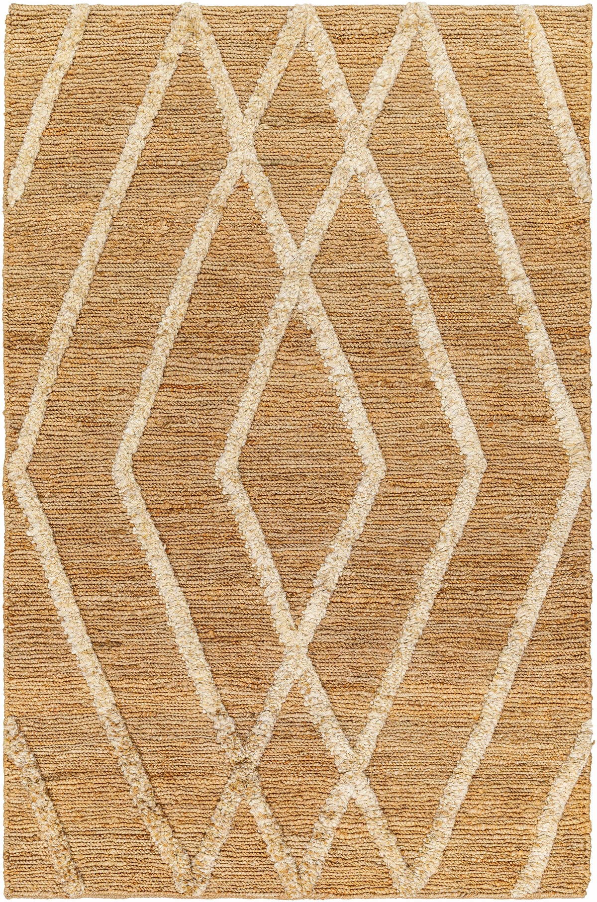 High pile textured jute rug in tan, camel, brown and off-white