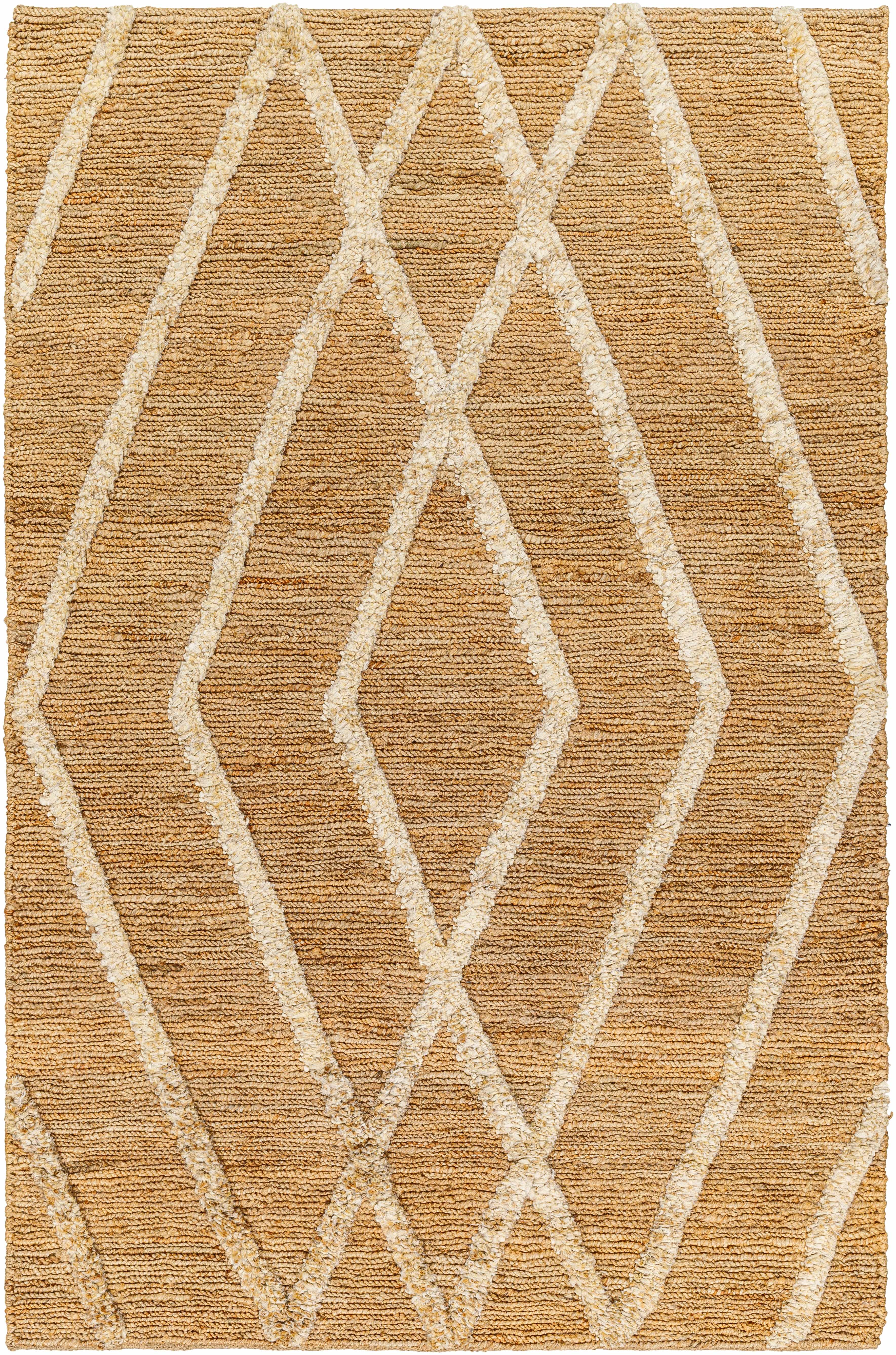 High pile textured jute rug in tan, camel, brown and off-white