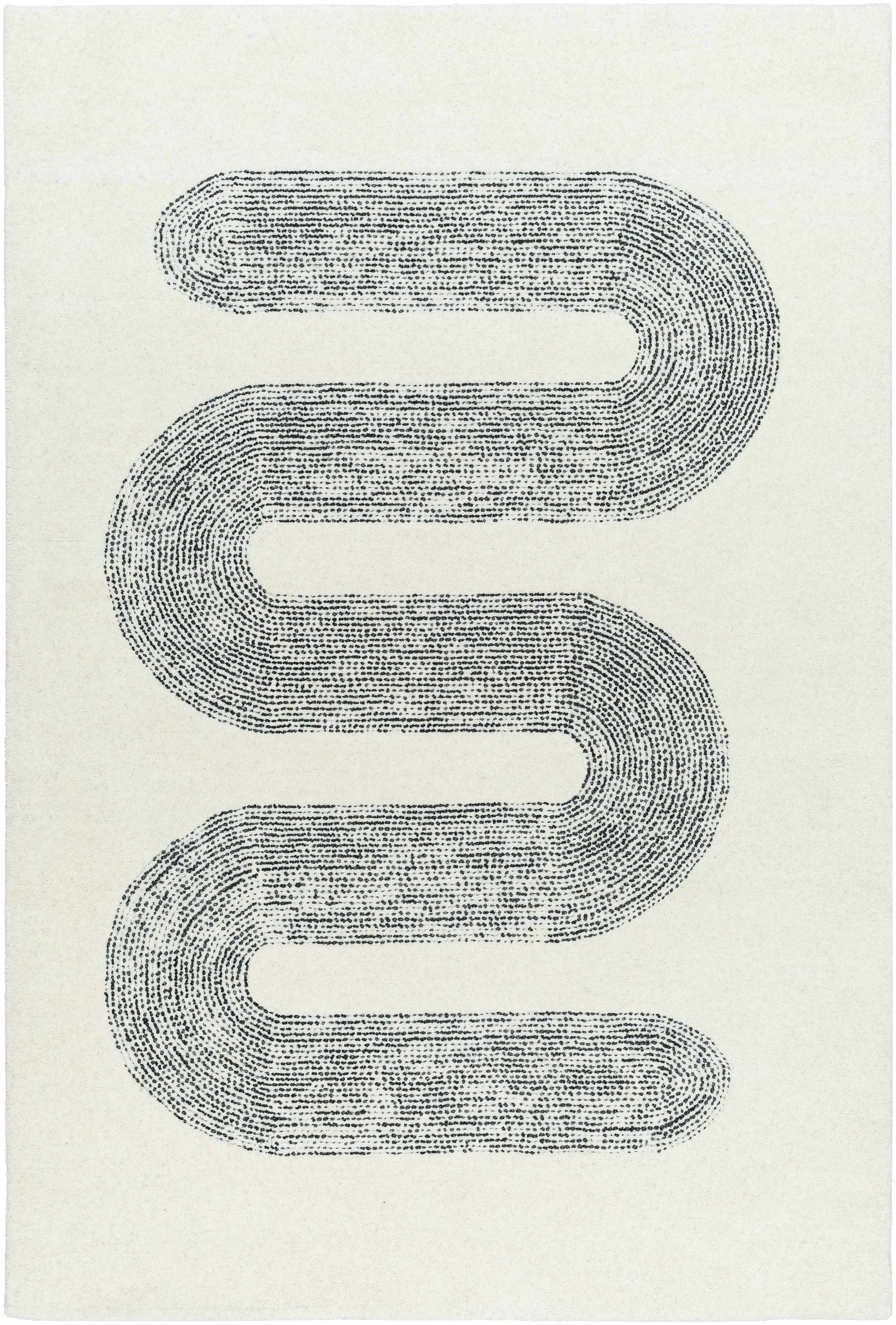 Hand-tufted ivory wool rug with a bold charcoal wave pattern